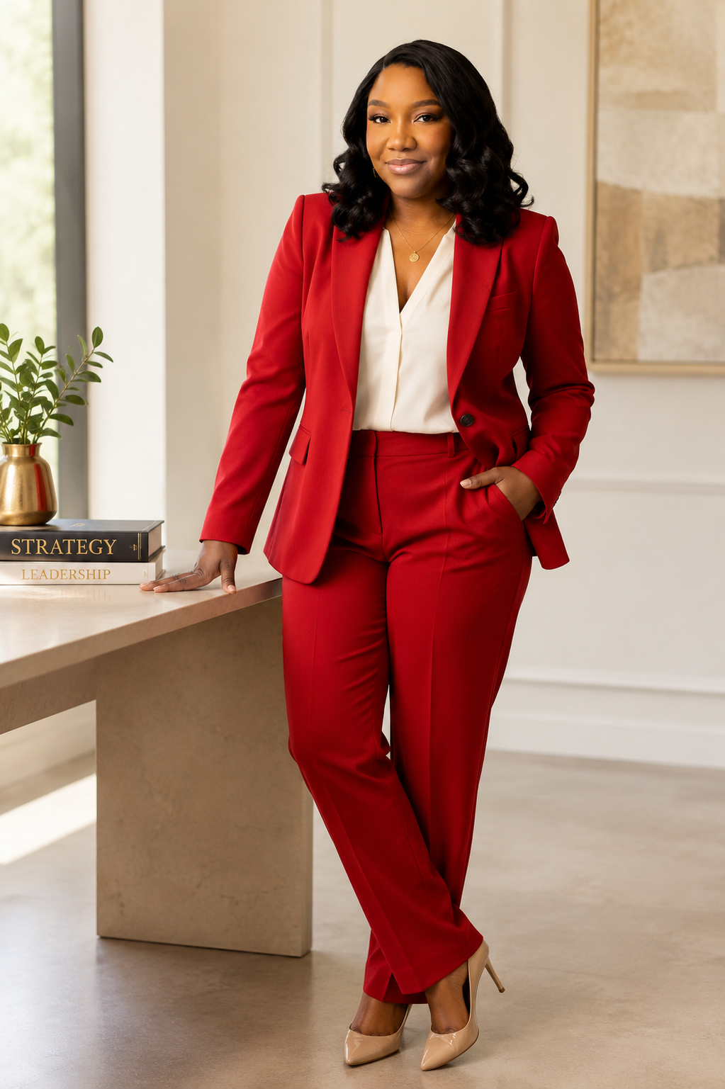 Domonique Downing standing in a red suit beside a console table